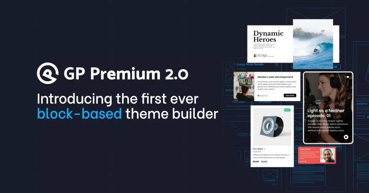 GP Premium 2.0을 소개하는 이미지로, 'Introducing the first ever block-based theme builder'라는 문구와 다양한 웹사이트 테마 예시가 오른쪽에 배치되어 있다.