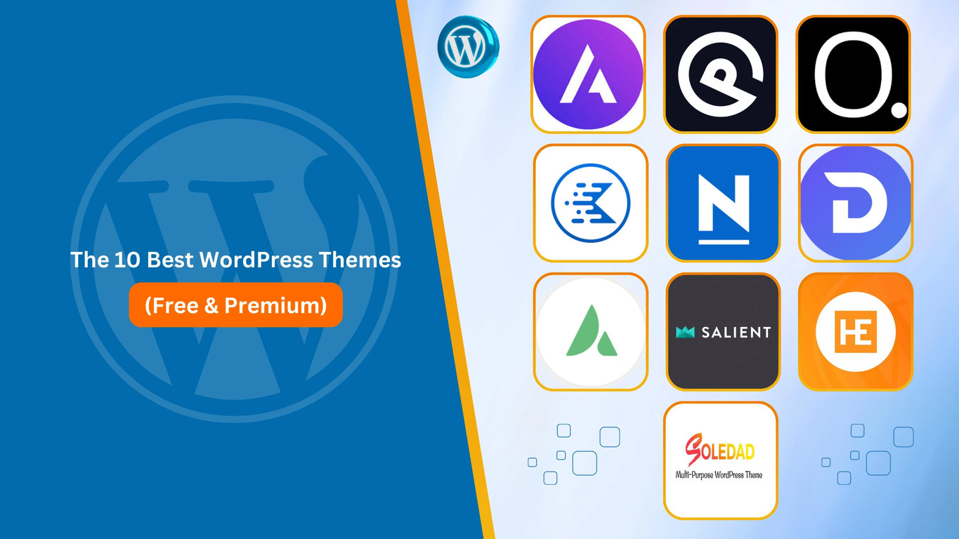 'The 10 Best WordPress Themes (Free & Premium)'라는 문구와 함께 10개의 워드프레스 테마 로고가 나열된 이미지