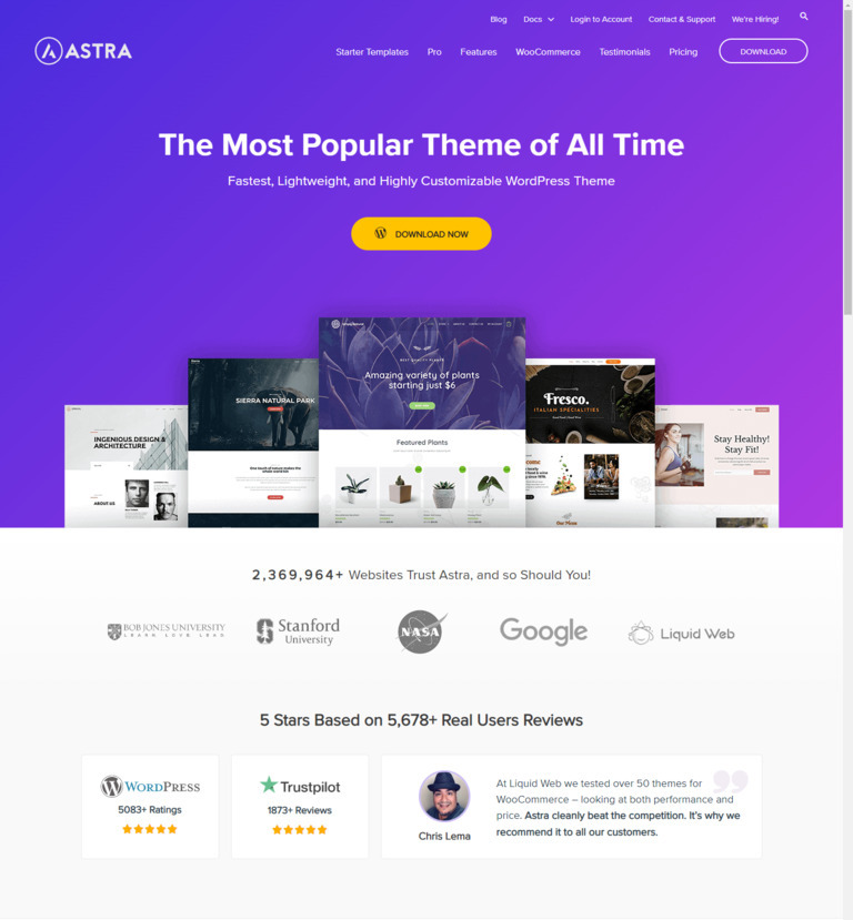 Astra 워드프레스 테마 홍보 웹페이지로, 상단에 'The Most Popular Theme of All Time'이라는 문구와 다운로드 버튼이 있으며, 다양한 웹사이트 템플릿 이미지와 유명 기관 로고(Stanford University, NASA, Google 등), 사용자 리뷰 및 별점 정보가 나와 있다.